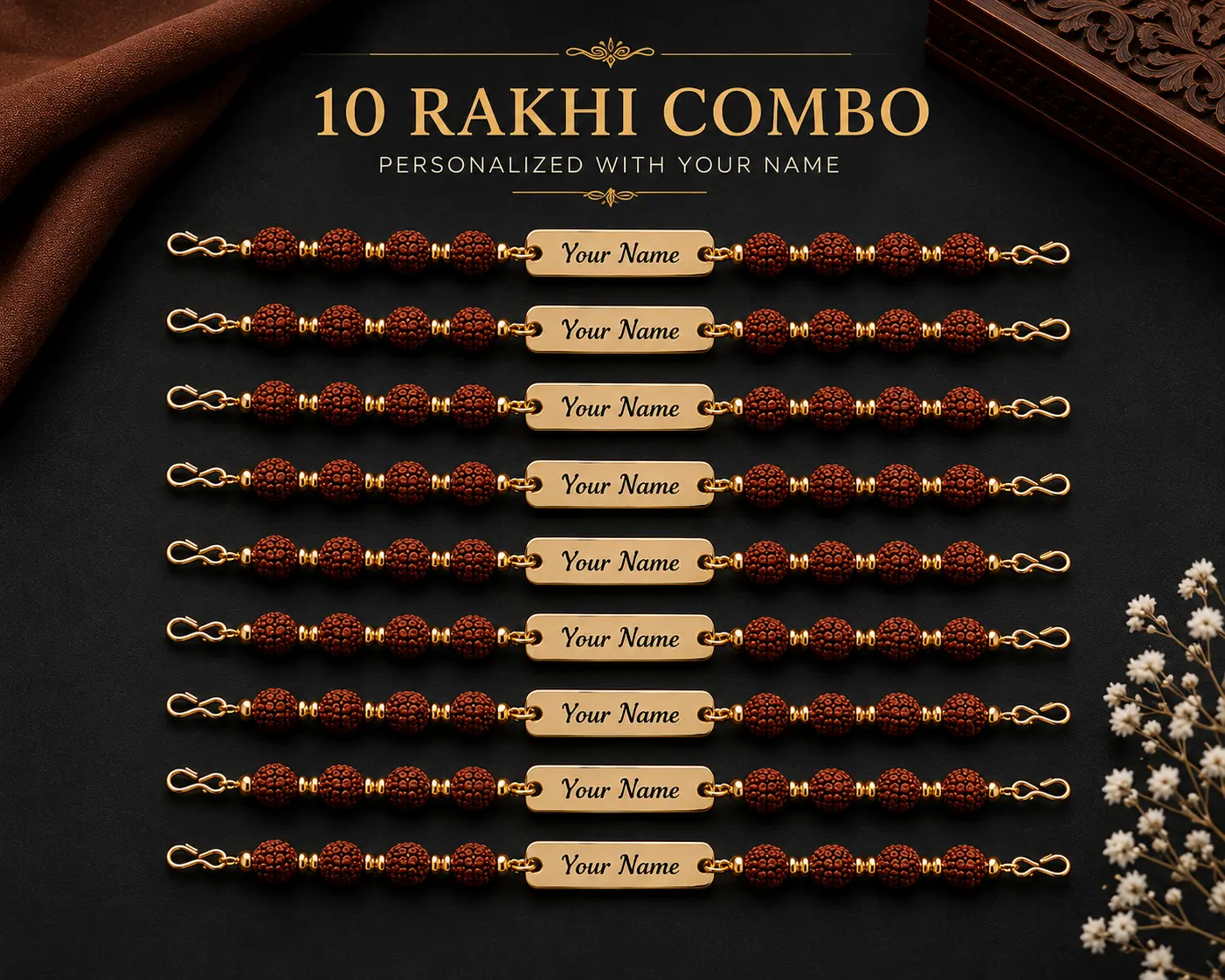 10 sets Personalized Rudraksh Rakhi with Name Tag