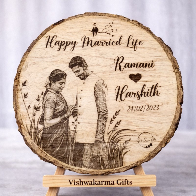 Natural Wooden Engraved Plaque with bark for Wedding Anniversary