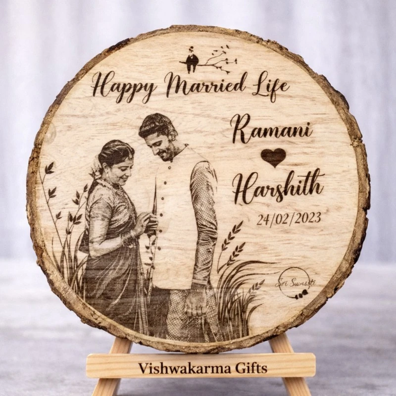 Natural Wooden Engraved Plaque with bark for Wedding Anniversary
