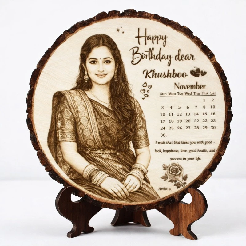 Personalized Engraved Round Wooden Photo Frame – Romantic Gift for Girlfriend
