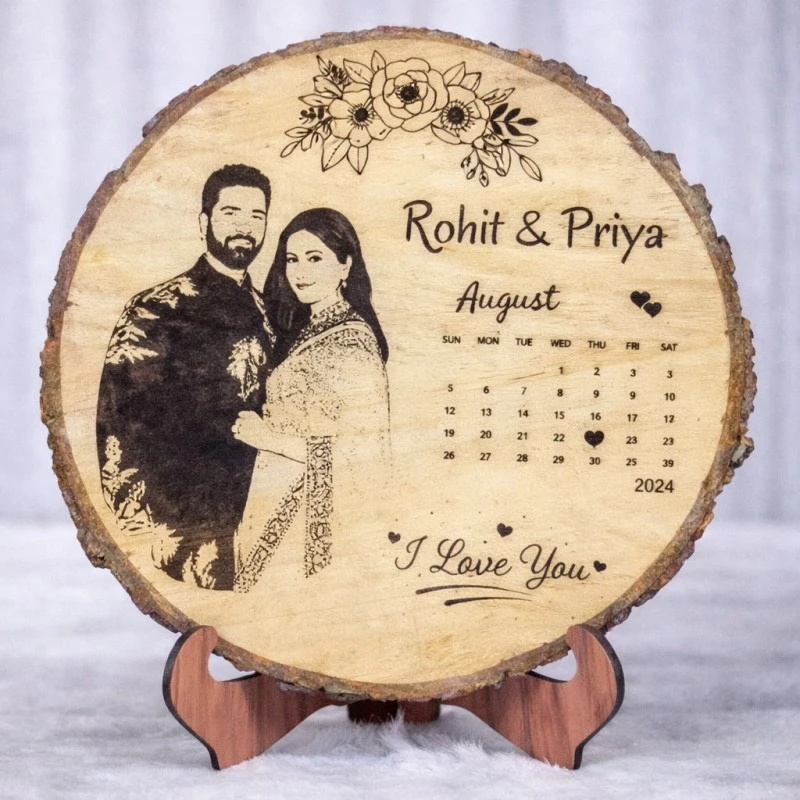 Customized Round Wooden Photo Frame with Calendar – Personalized Anniversary Gift